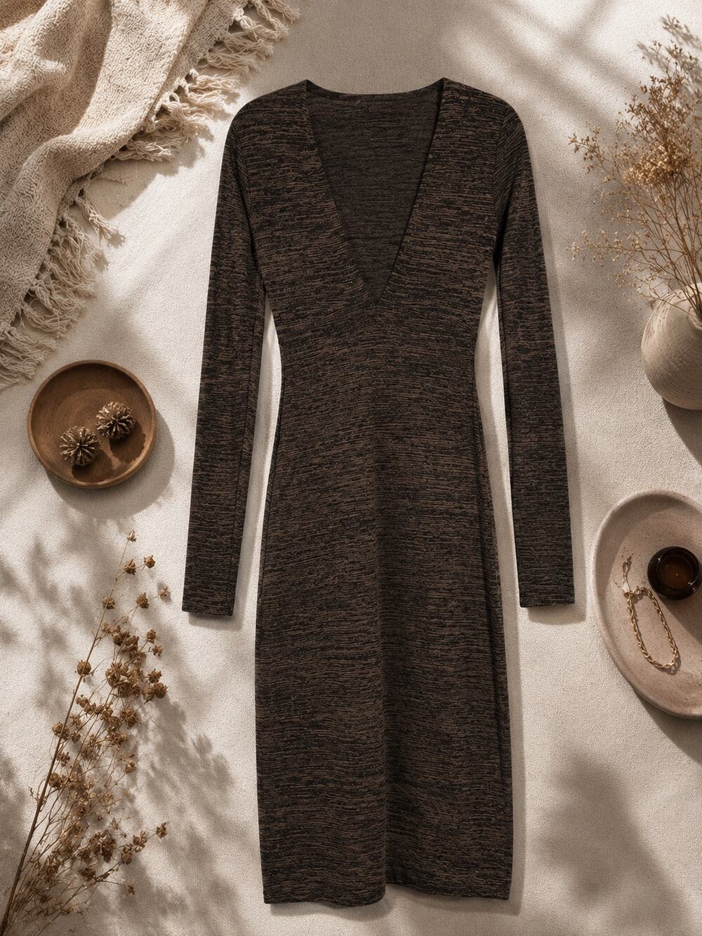 Wilfred Free Abby Plunge Midi Dress Heathered Espresso Long Sleeve Size XS